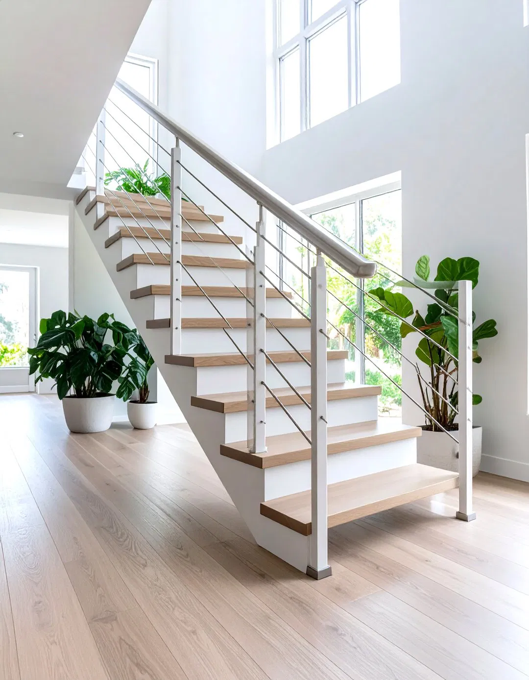 White Oak Staircases Enhanced with Cable Railing Systems