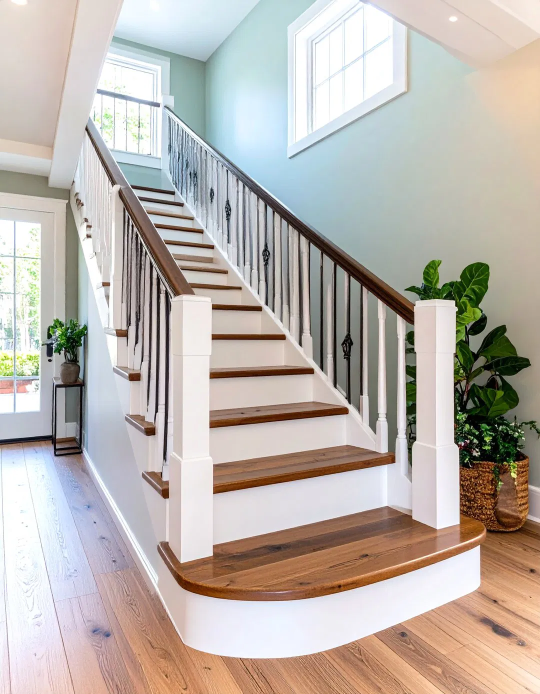 Rustic White Oak Staircases Featuring Metal Spindles