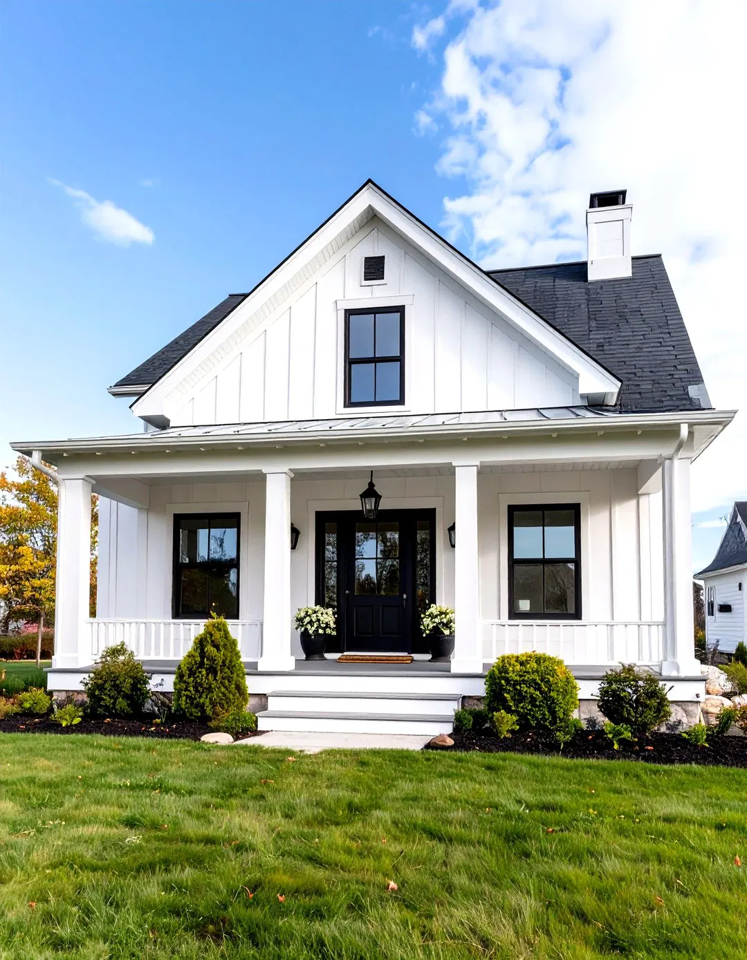 Covered Entry Portico Design - White Farmhouse with Black Windows