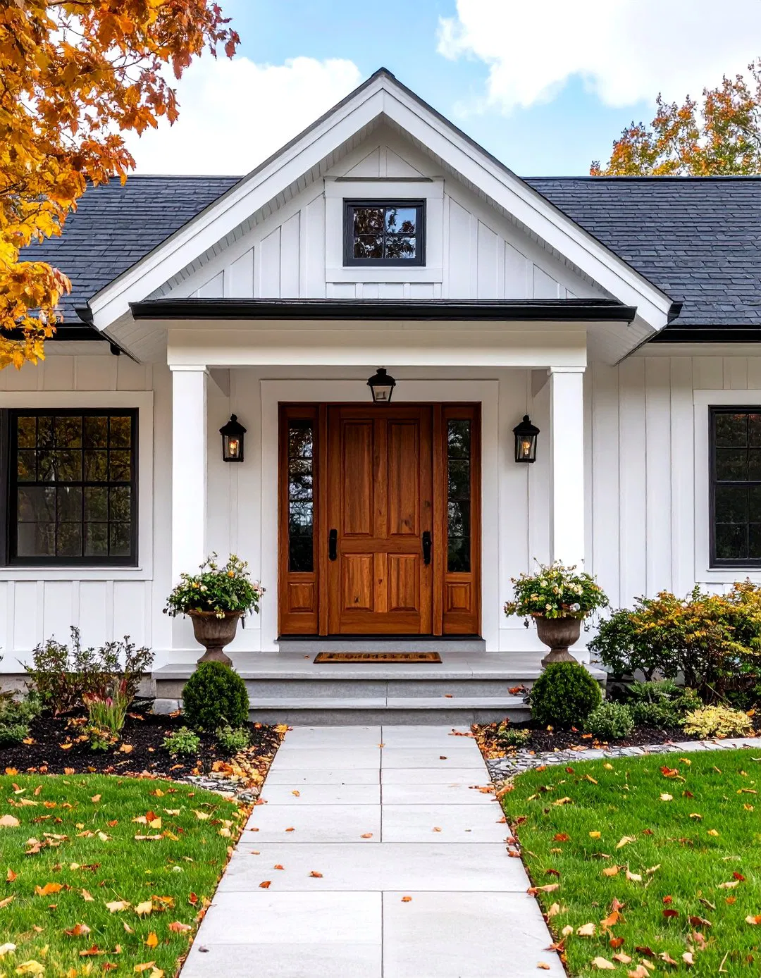 Farmhouse Front Door Design - White Farmhouse with Black Windows