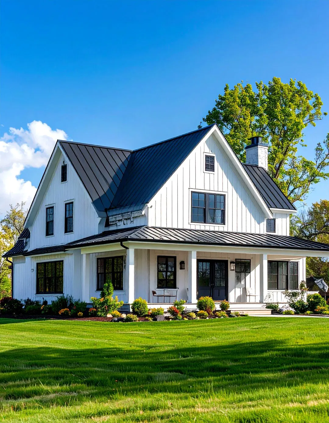 Gable Roof with Metal Accents - White Farmhouse with Black Windows