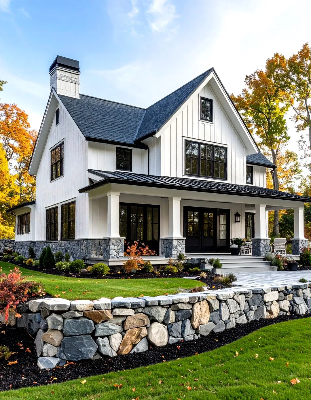 Stone Foundation Base Design - White Farmhouse with Black Windows