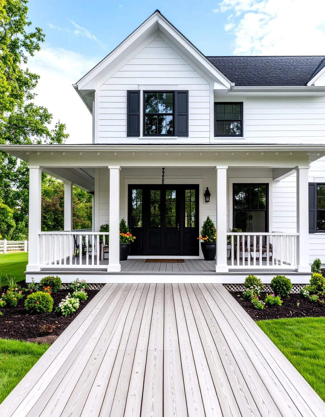 Wraparound Porch with Black Columns - White Farmhouse with Black Windows