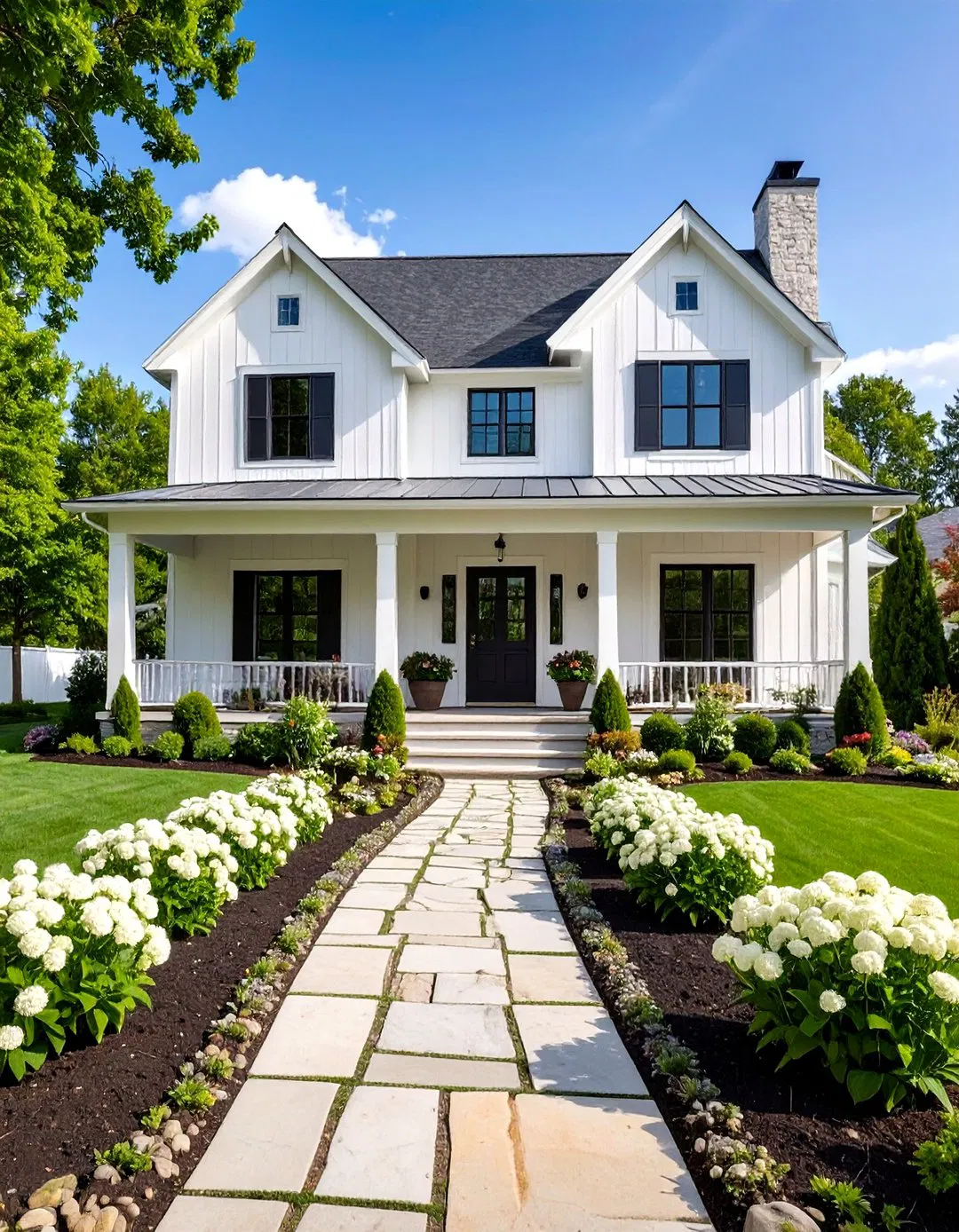 Landscape Integration Planning - White Farmhouse with Black Windows