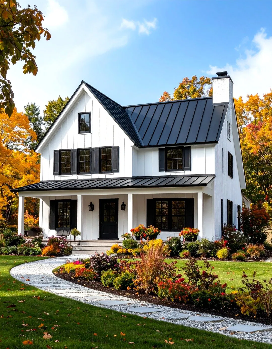 Black Metal Roofing Coordination - White Farmhouse with Black Windows