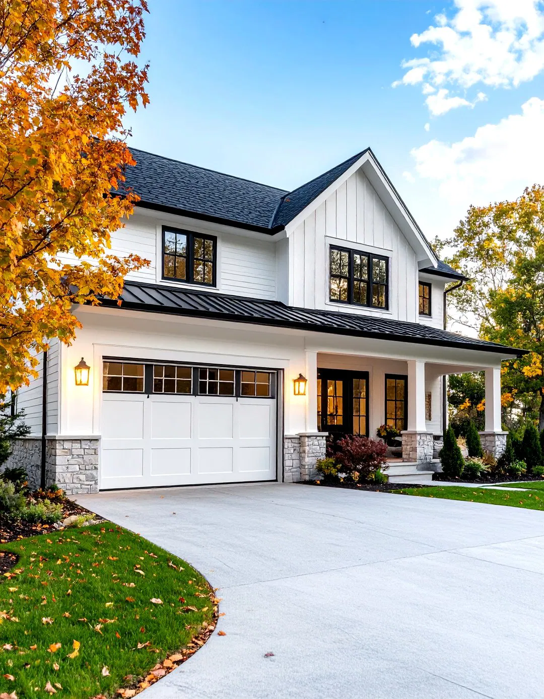 Garage Door Integration Strategies - White Farmhouse with Black Windows