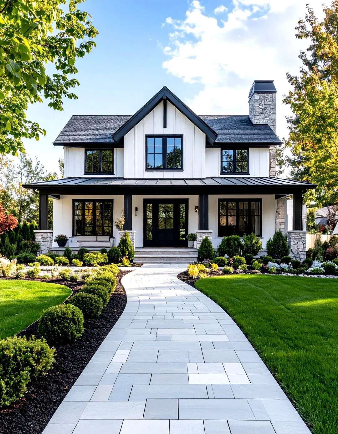 Front Yard Accessibility Design - White Farmhouse with Black Windows
