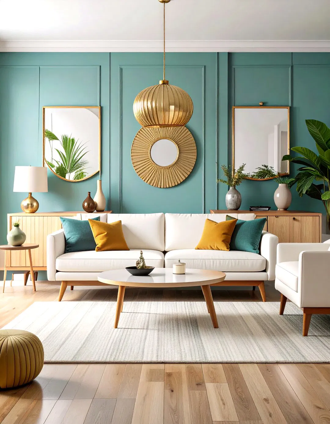 Mid Century Modern White Gold Living Room