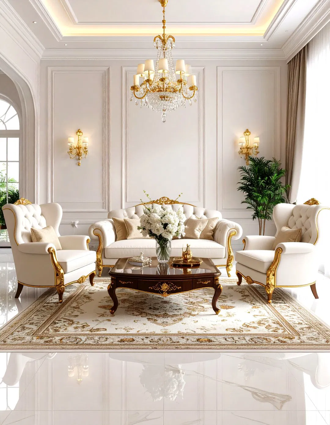 Traditional Elegant White Gold Living Room
