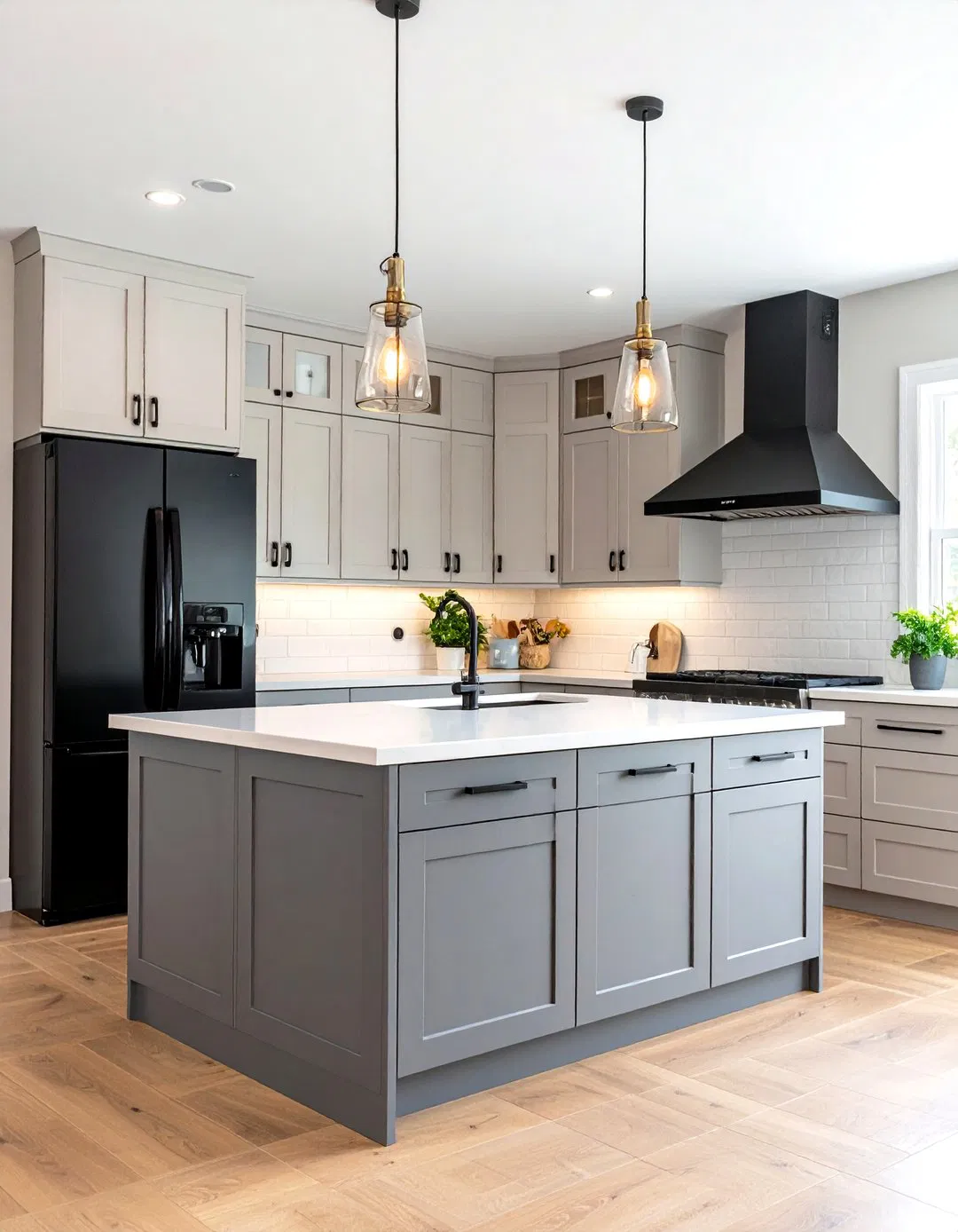 Light Gray Cabinets with Black Appliances