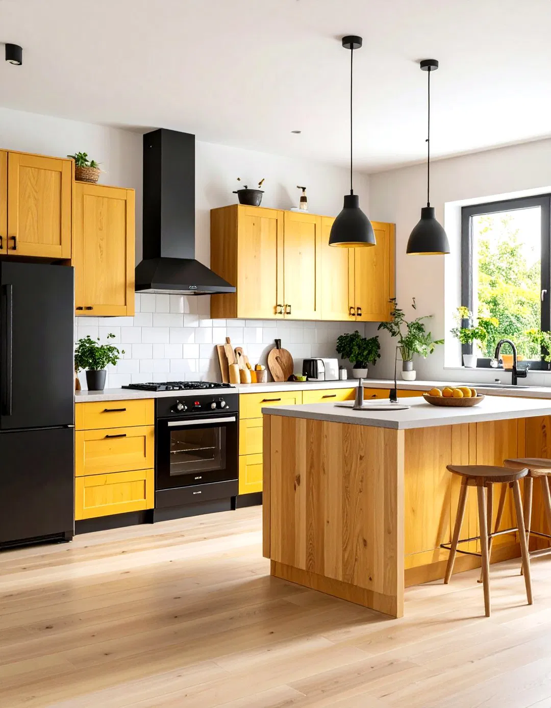 Natural Maple Cabinets with Black Appliances
