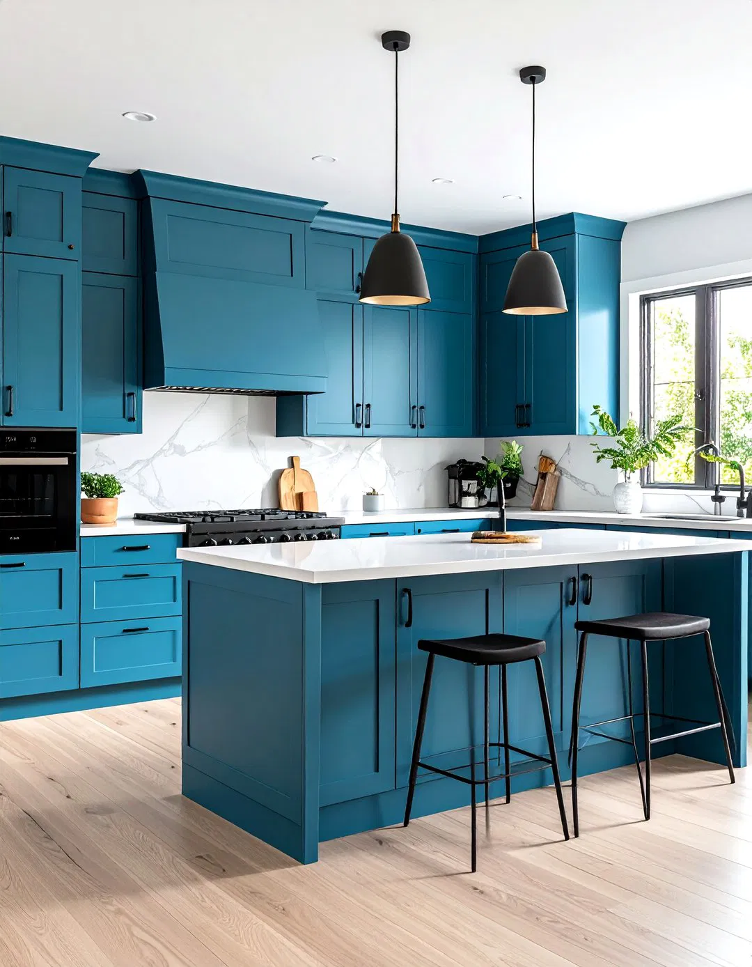 Teal Blue Cabinets with Black Appliances