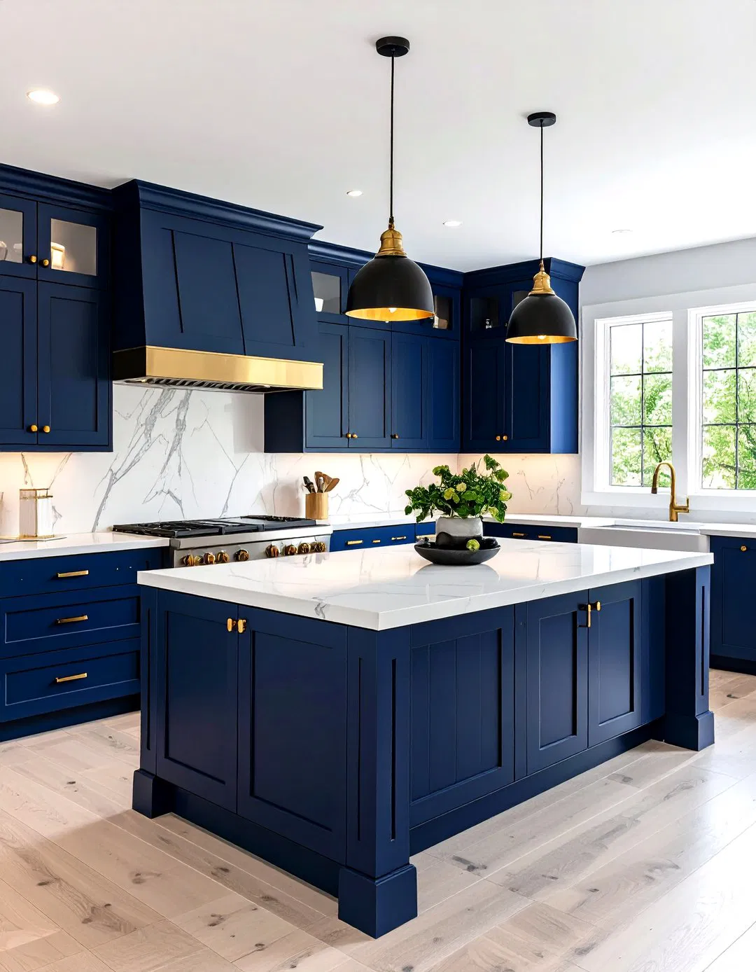 Two-Tone White and Navy Cabinets with Black Appliances