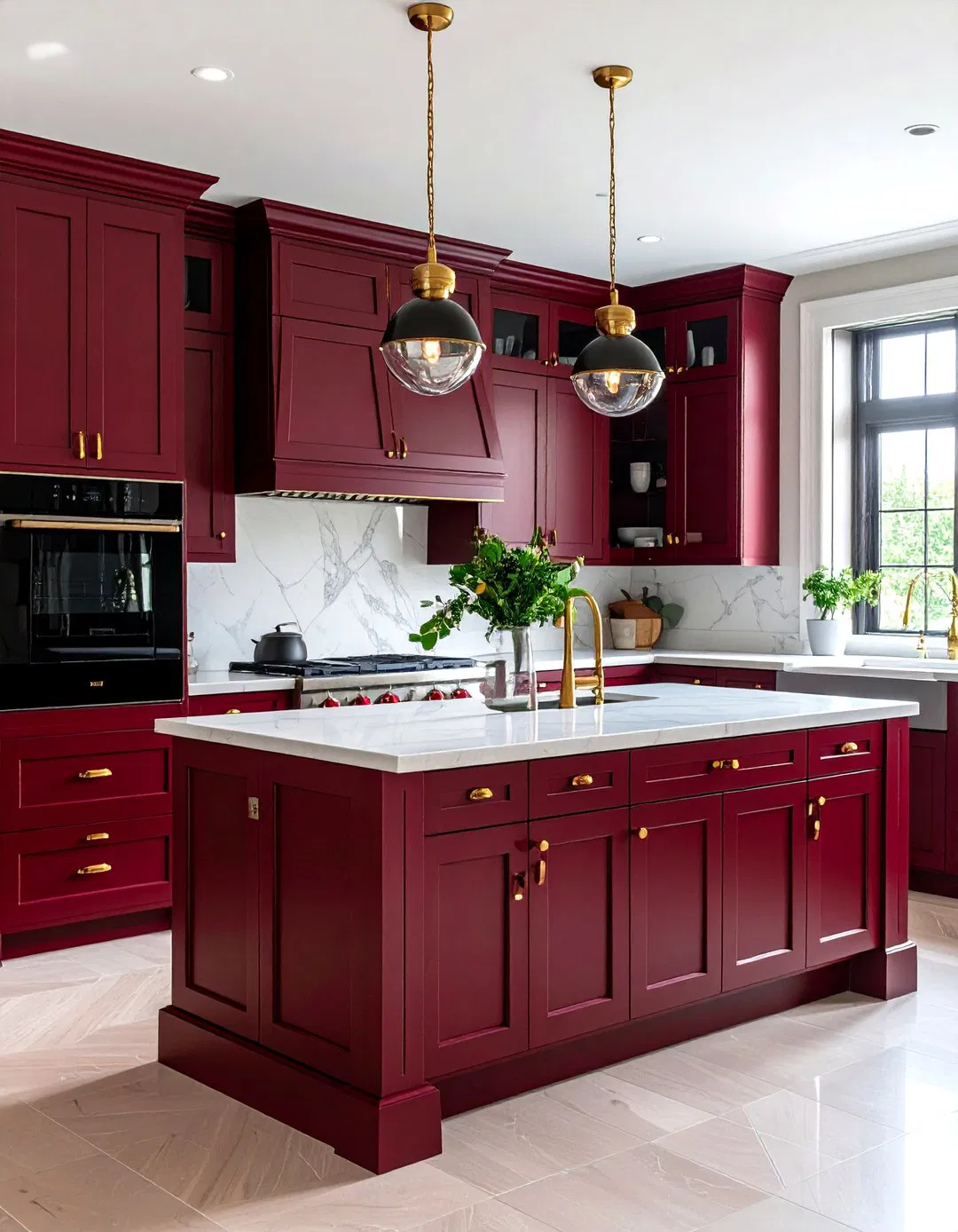 Burgundy Red Cabinets with Black Appliances