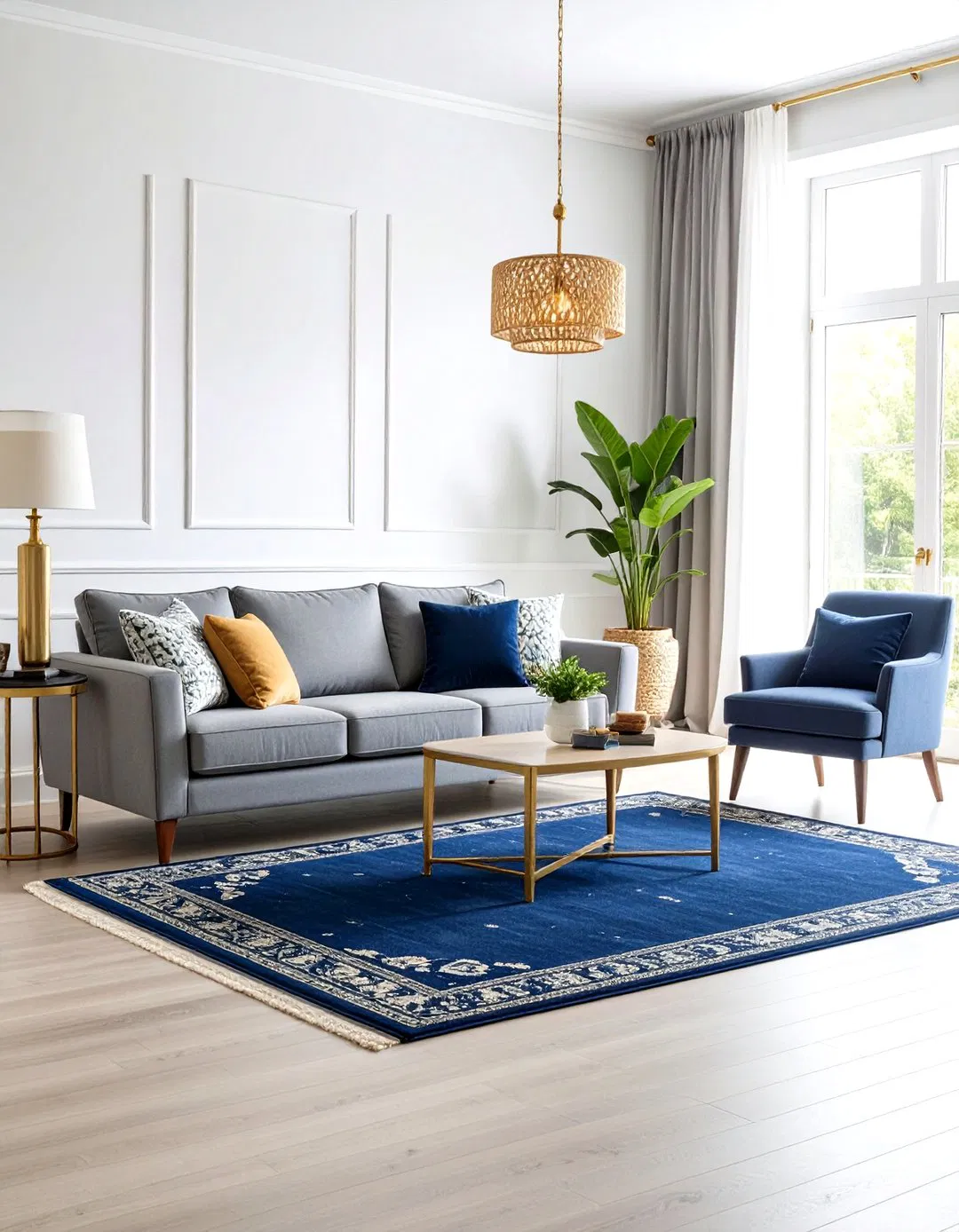 Navy Blue Rug Grey Couch Pairing