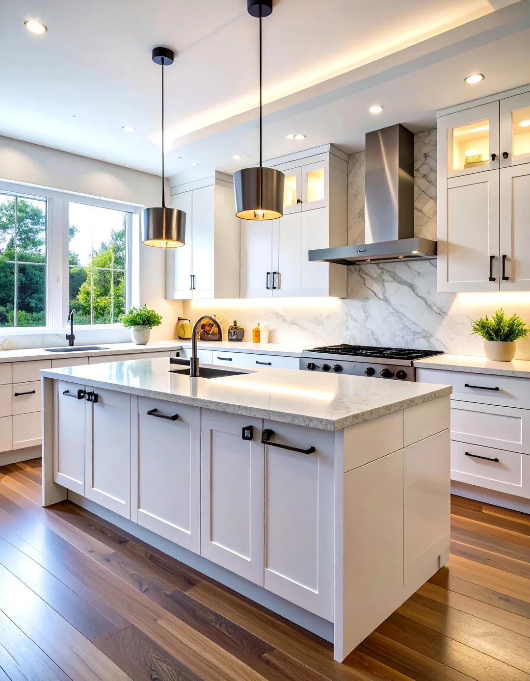 Minimalist Kitchen with White Flat Panel Cabinets and Integrated Black Handles