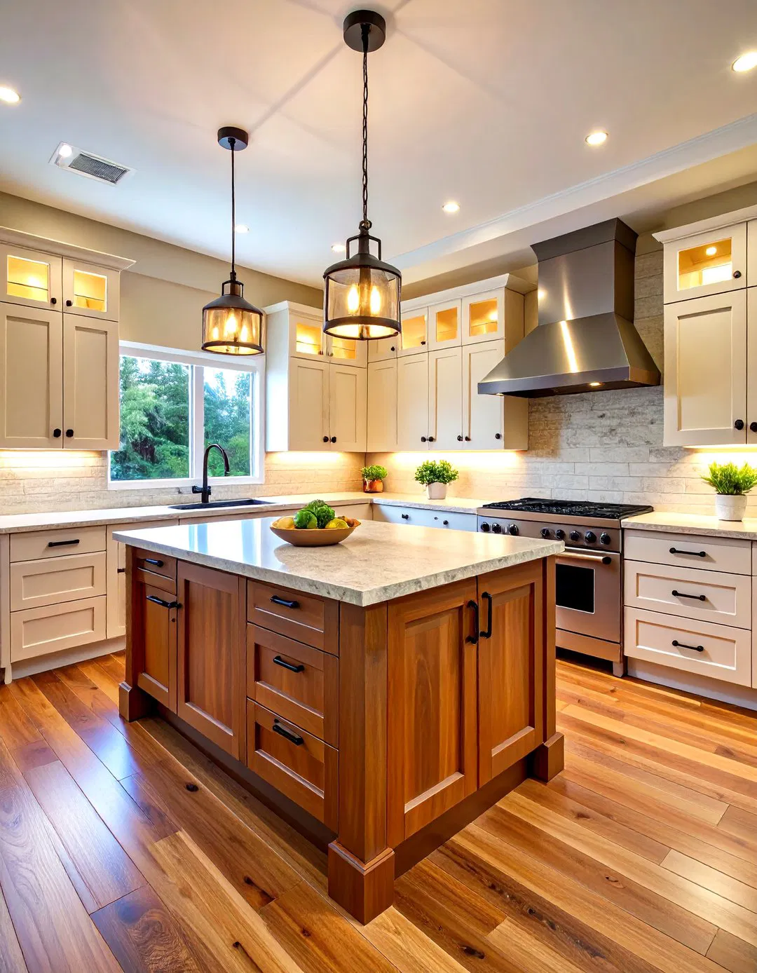 Two-Tone Kitchen with White Upper Cabinets, Dark Lower Cabinets, and Black Hardware