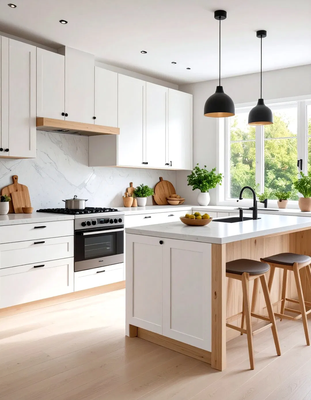 Scandinavian Kitchen with White Flat Panel Cabinets and Minimal Black Hardware