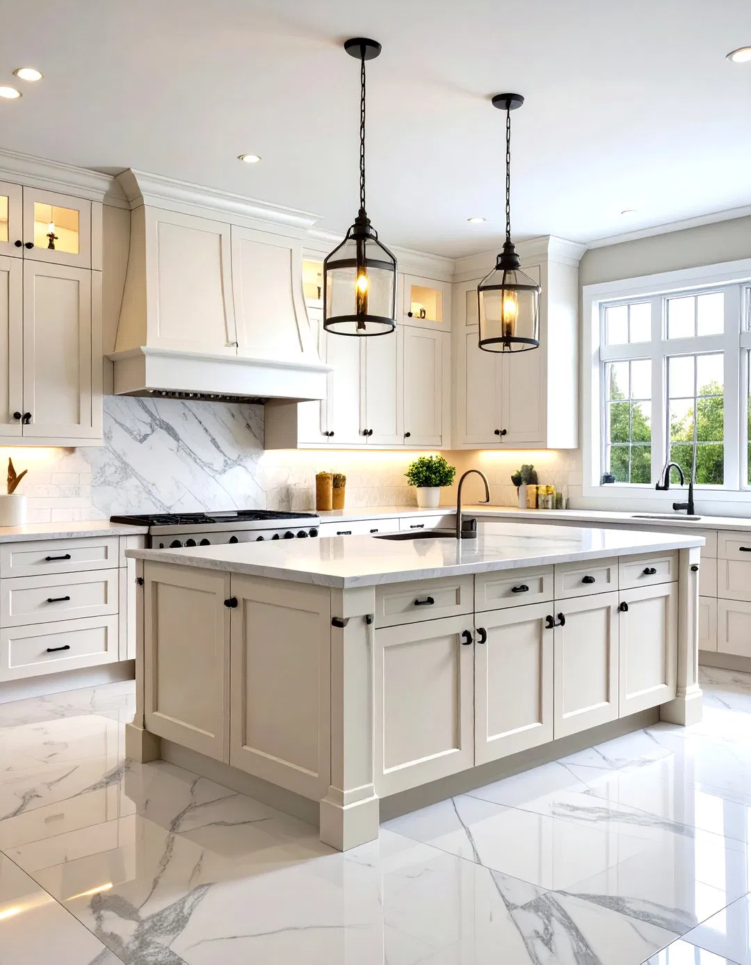 Traditional Kitchen with White Inset Cabinets and Black Cup Pulls