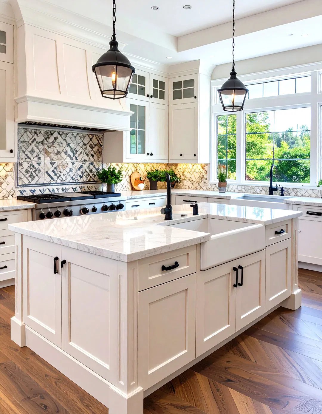 Luxury Kitchen with Custom White Cabinets and Premium Black Hardware