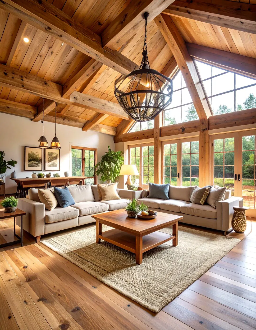 Rustic Wood Beam Living Room Tray Ceiling