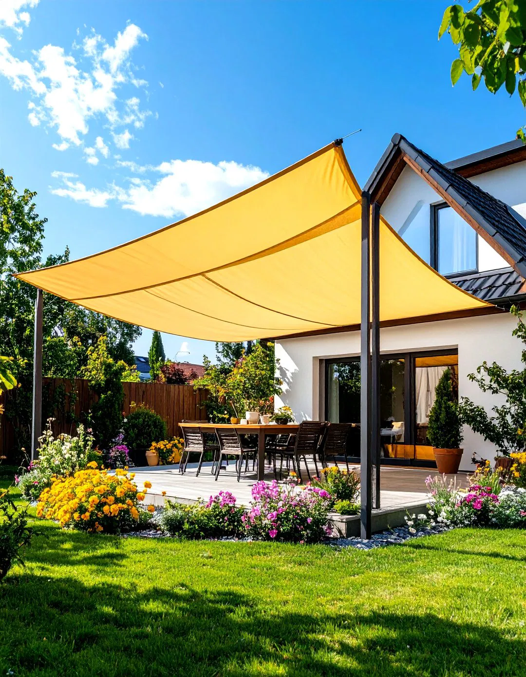 Shade Sail Overhead Protection - Townhouse Backyard Ideas