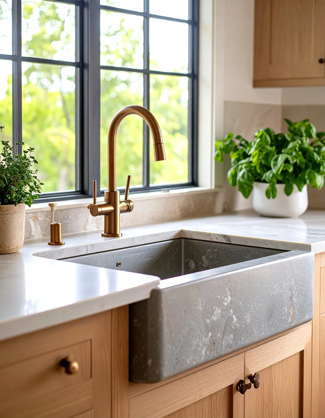 Stone Farmhouse Sink with Copper Details - Tudor Kitchen