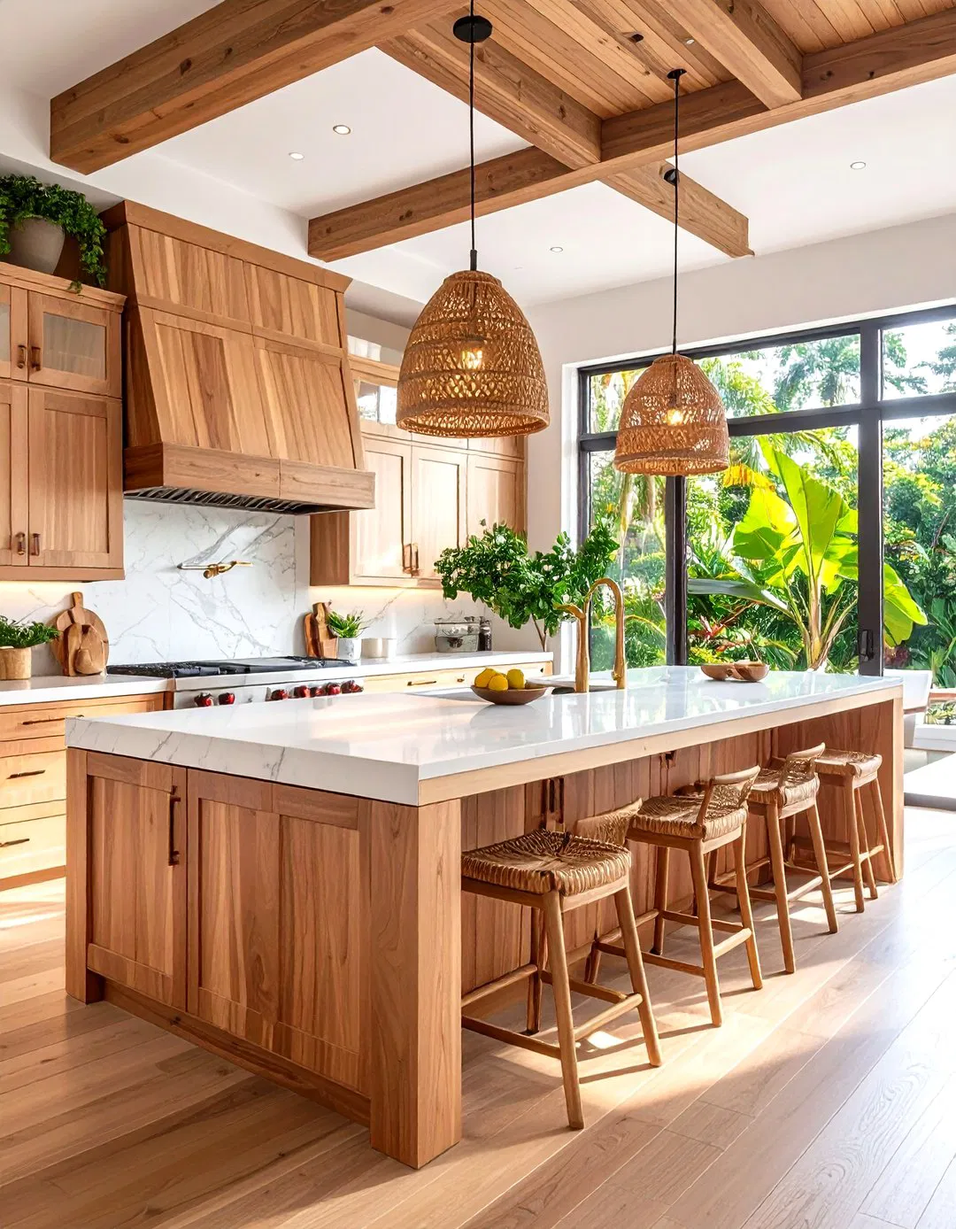 Teak Wood Island with Waterfall Countertops
