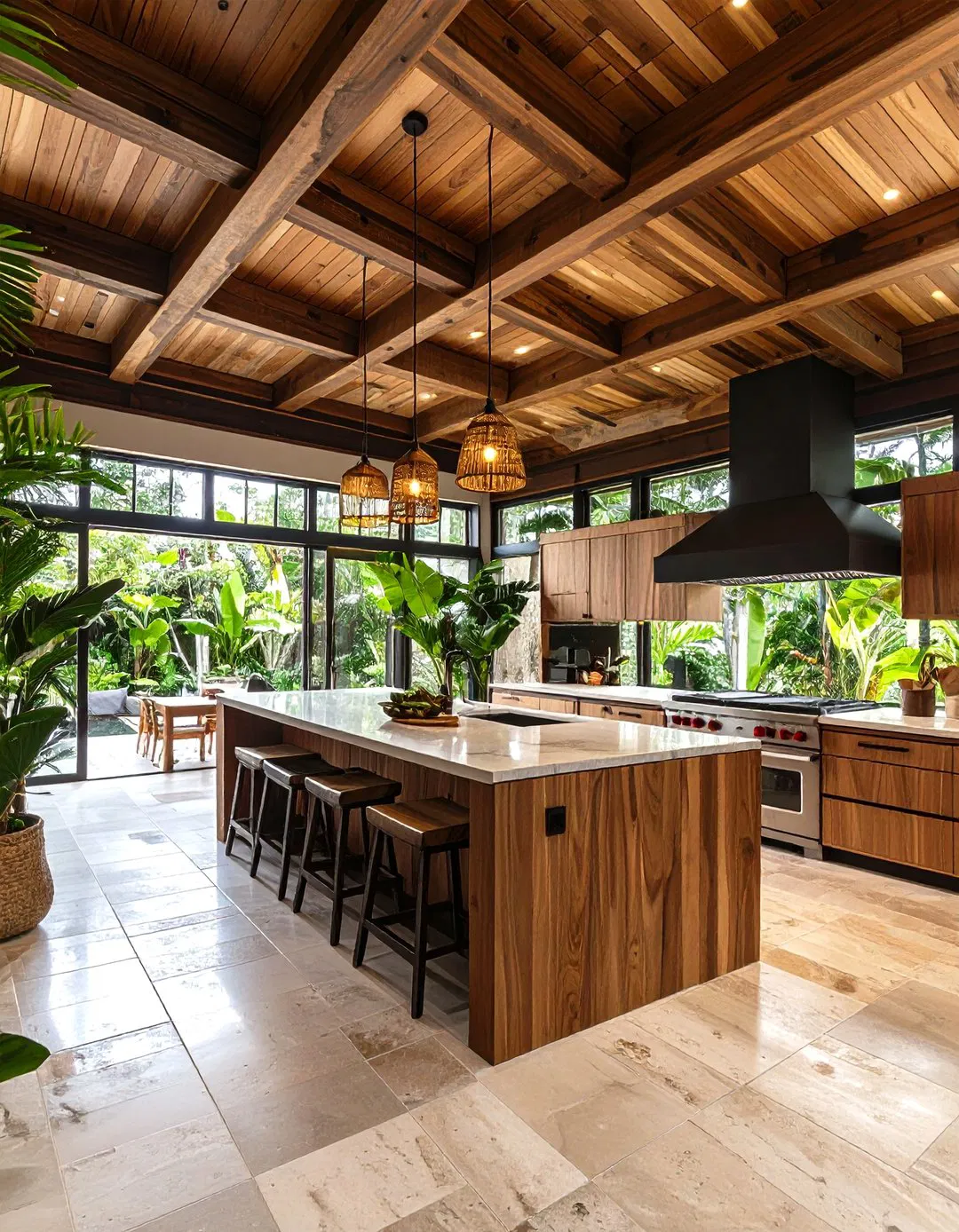 Tropical Wood Ceiling with Exposed Beams