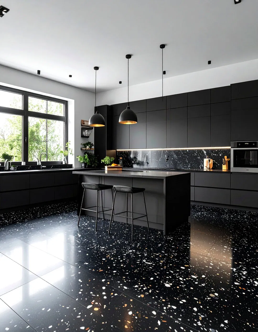 Striking Black Terrazzo Kitchen Floor
