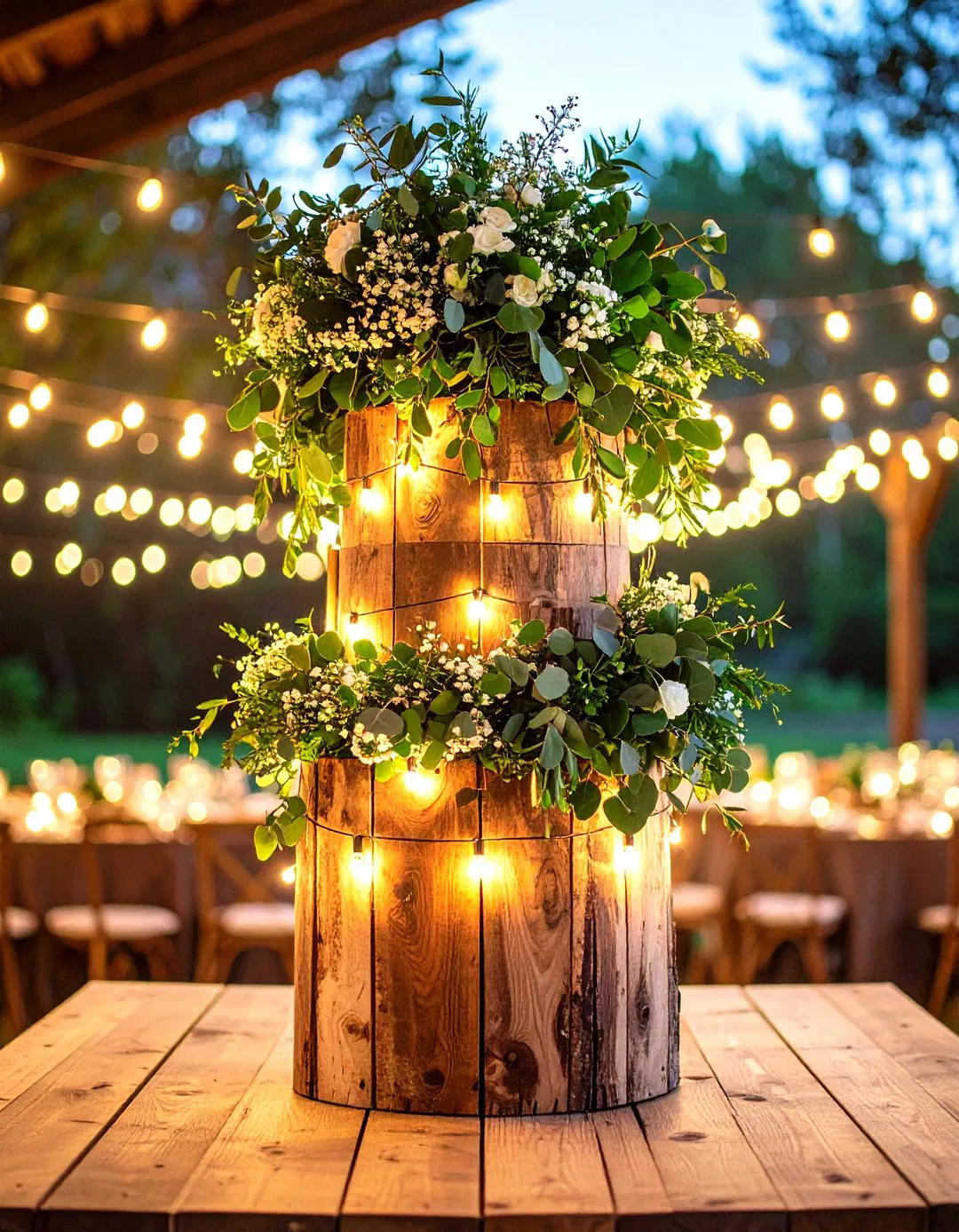 Rustic Wood and Greenery Towers