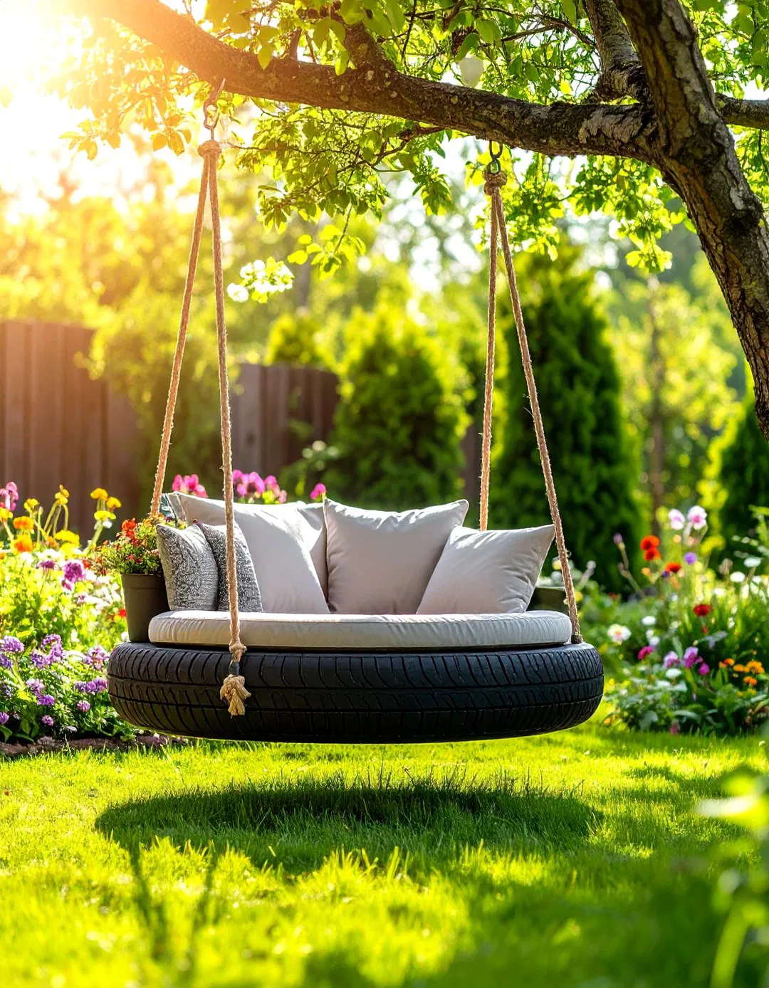 Tire Swing with Wooden Platform Insert