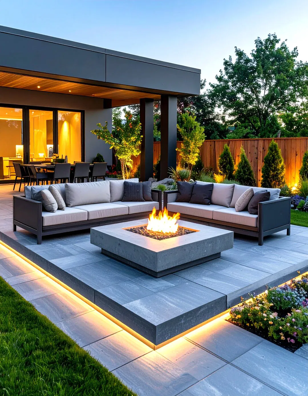 Bluestone Stamped Concrete Patio with Square Fire Pit