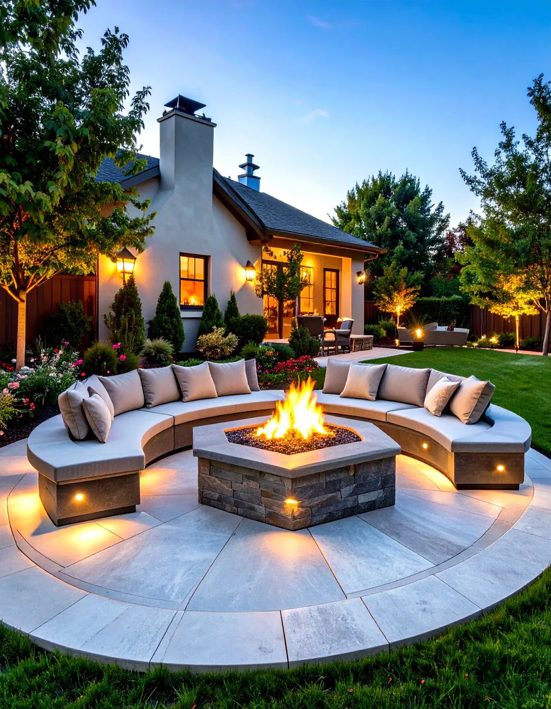 Granite Texture Stamped Concrete Patio with Octagonal Fire Pit