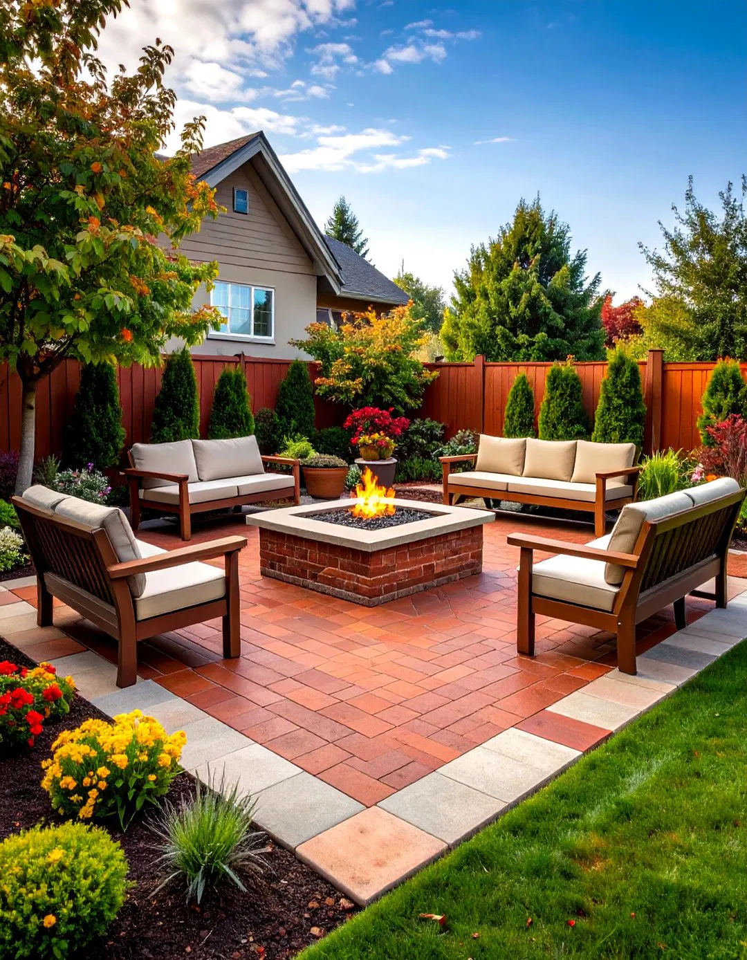 Brick Pattern Stamped Concrete Patio with Rectangular Fire Pit