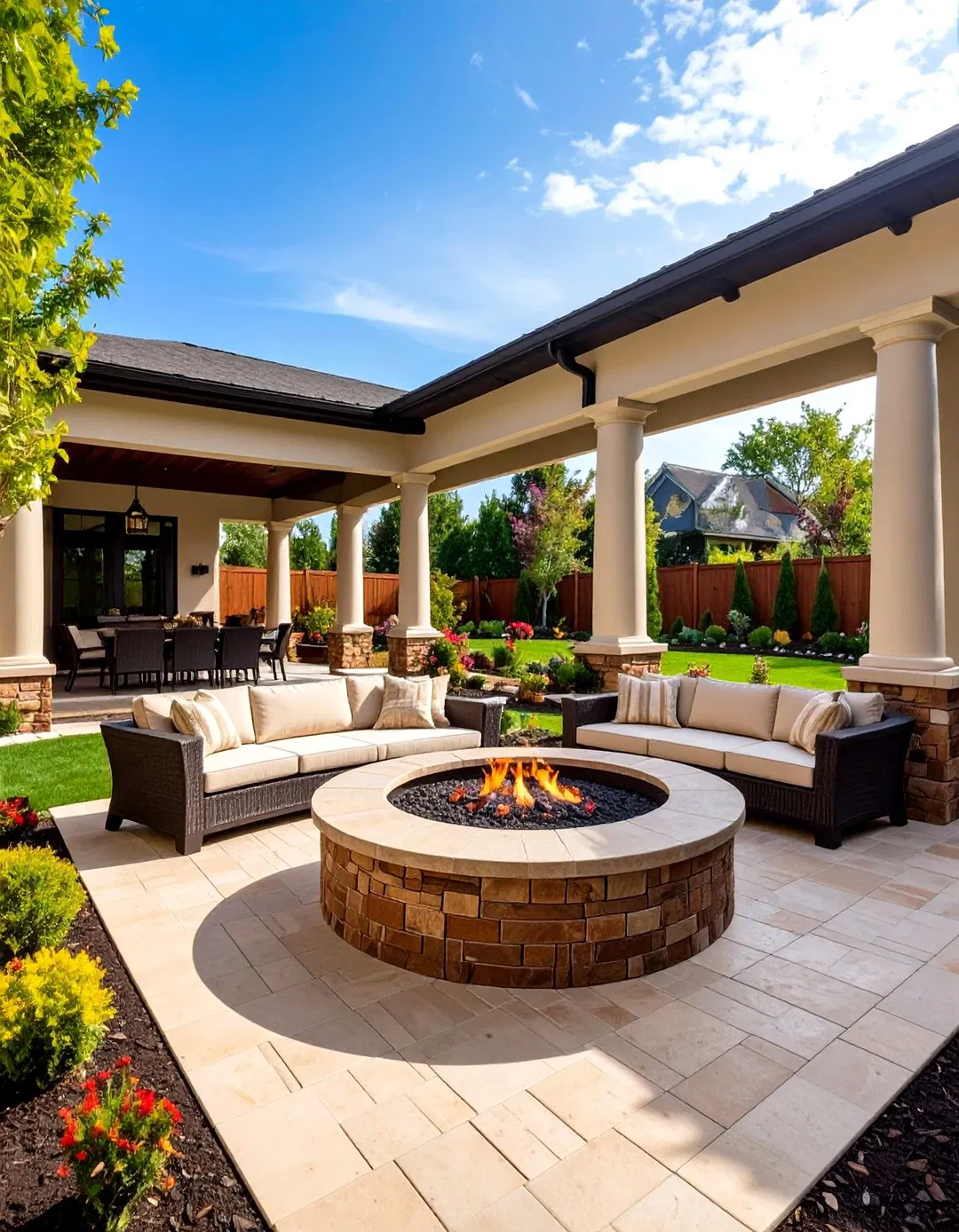Roman Slate Stamped Concrete Patio with Built-in Seating Fire Pit