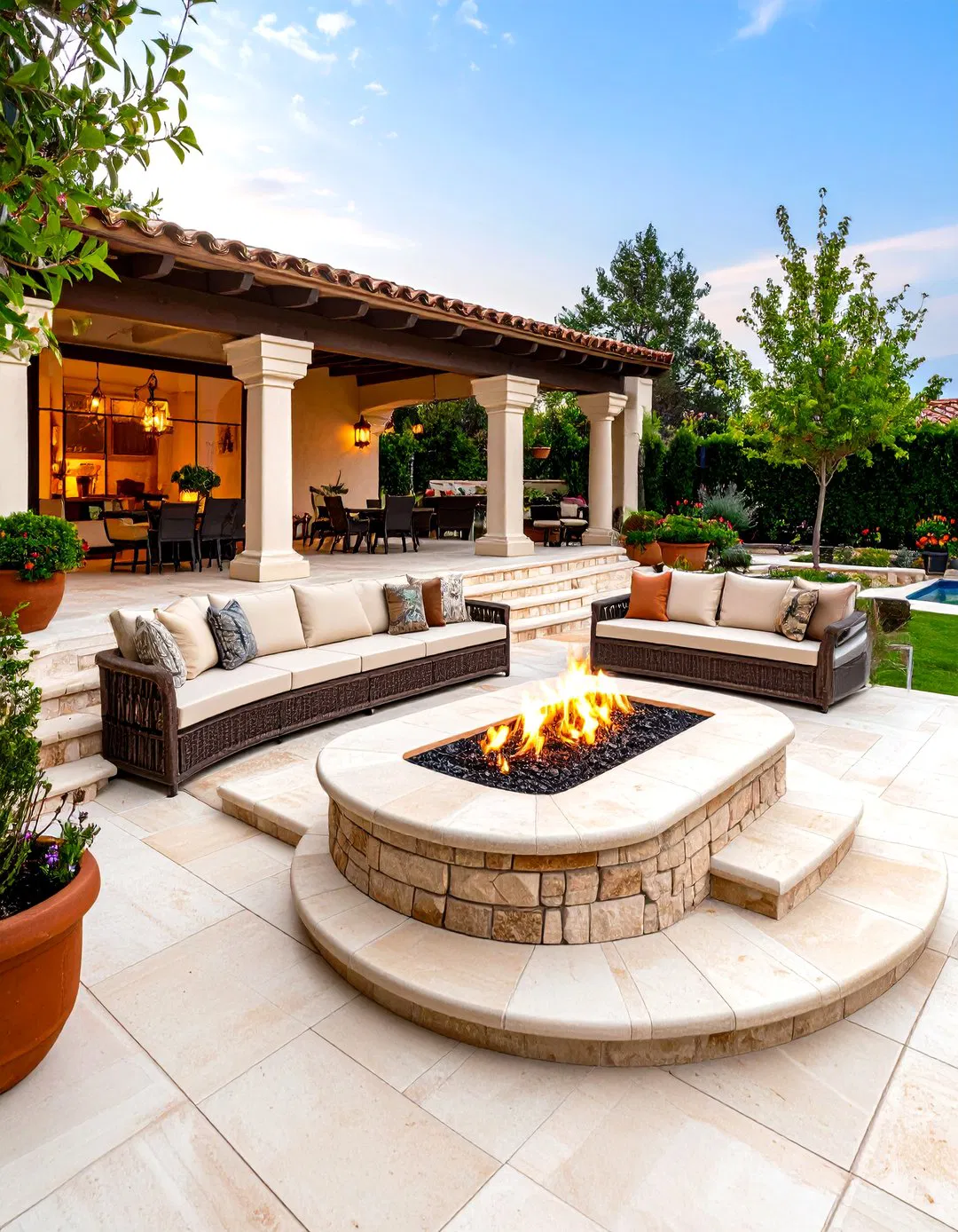 Mediterranean Fieldstone Stamped Concrete Patio with Sunken Fire Pit