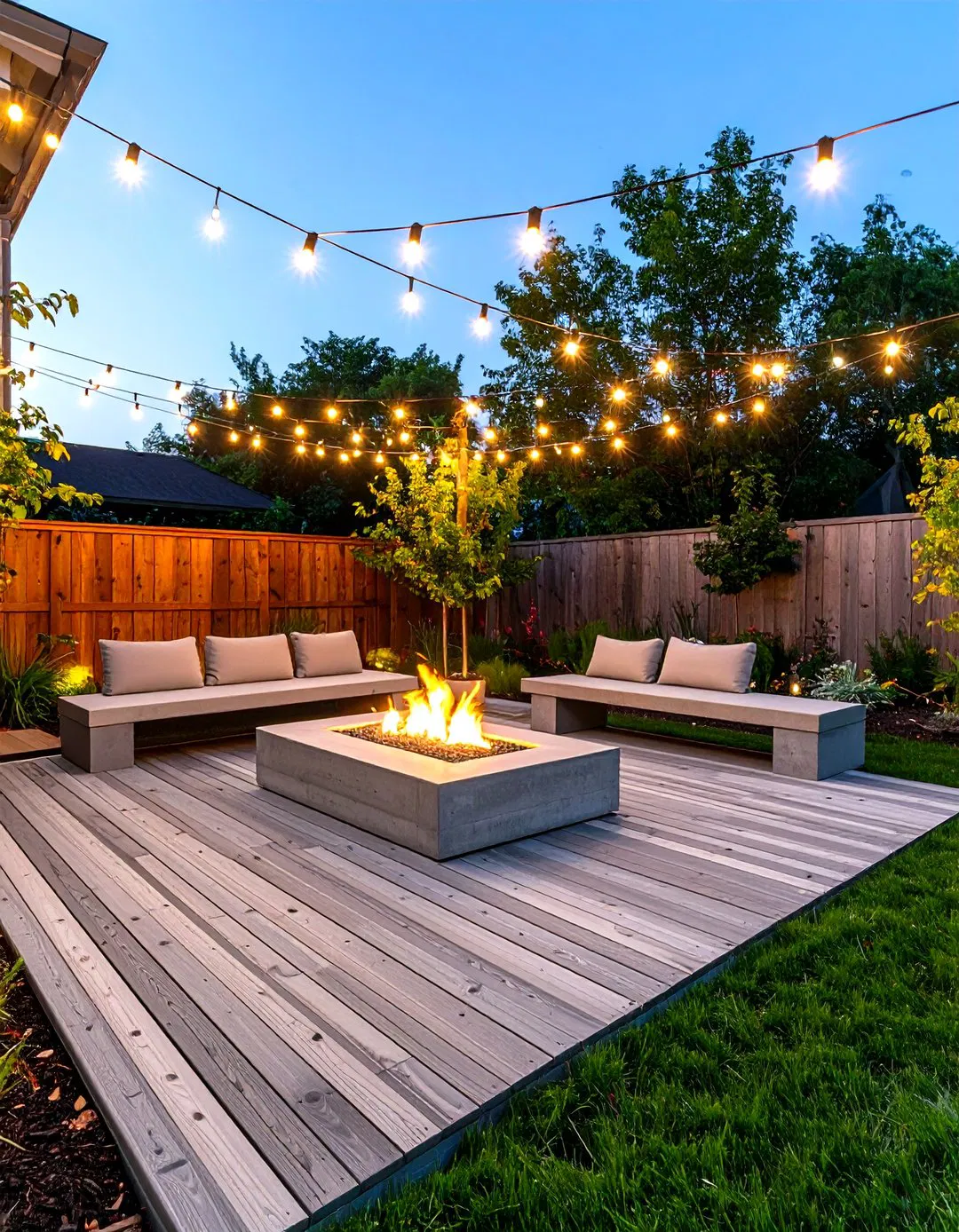 Wood Plank Stamped Concrete Patio with Linear Fire Pit