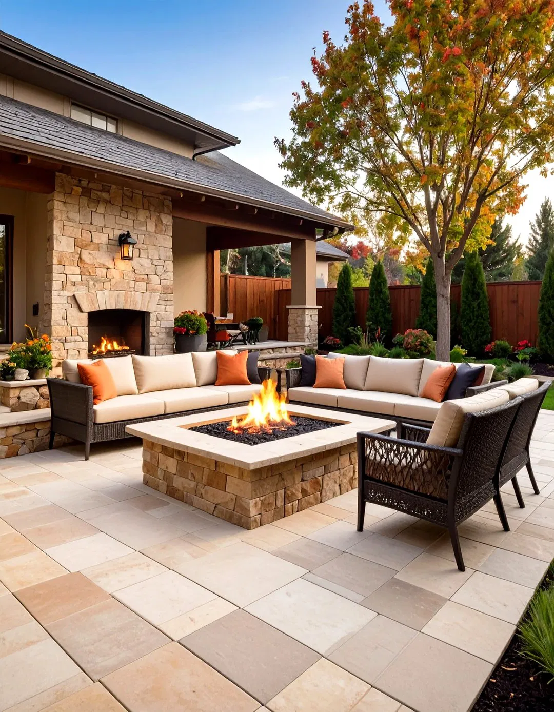 Cobblestone Stamped Concrete Patio with Corner Fire Pit