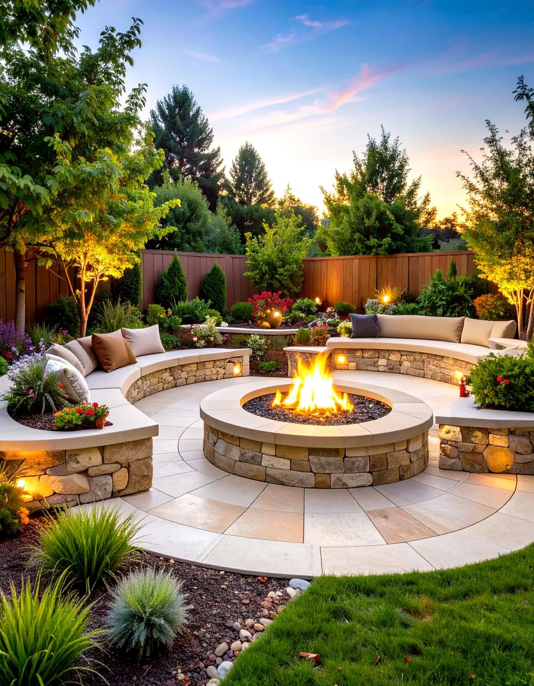 Flagstone Stamped Concrete Patio with Curved Fire Pit