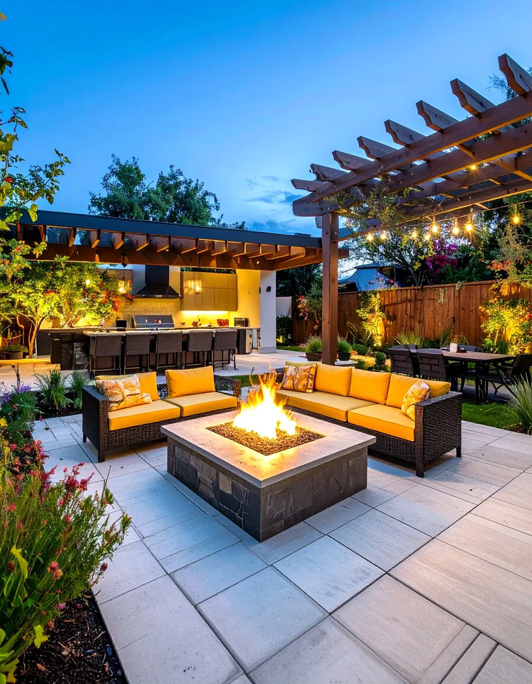 Stamped Concrete Patio with Fire Pit and Outdoor Kitchen