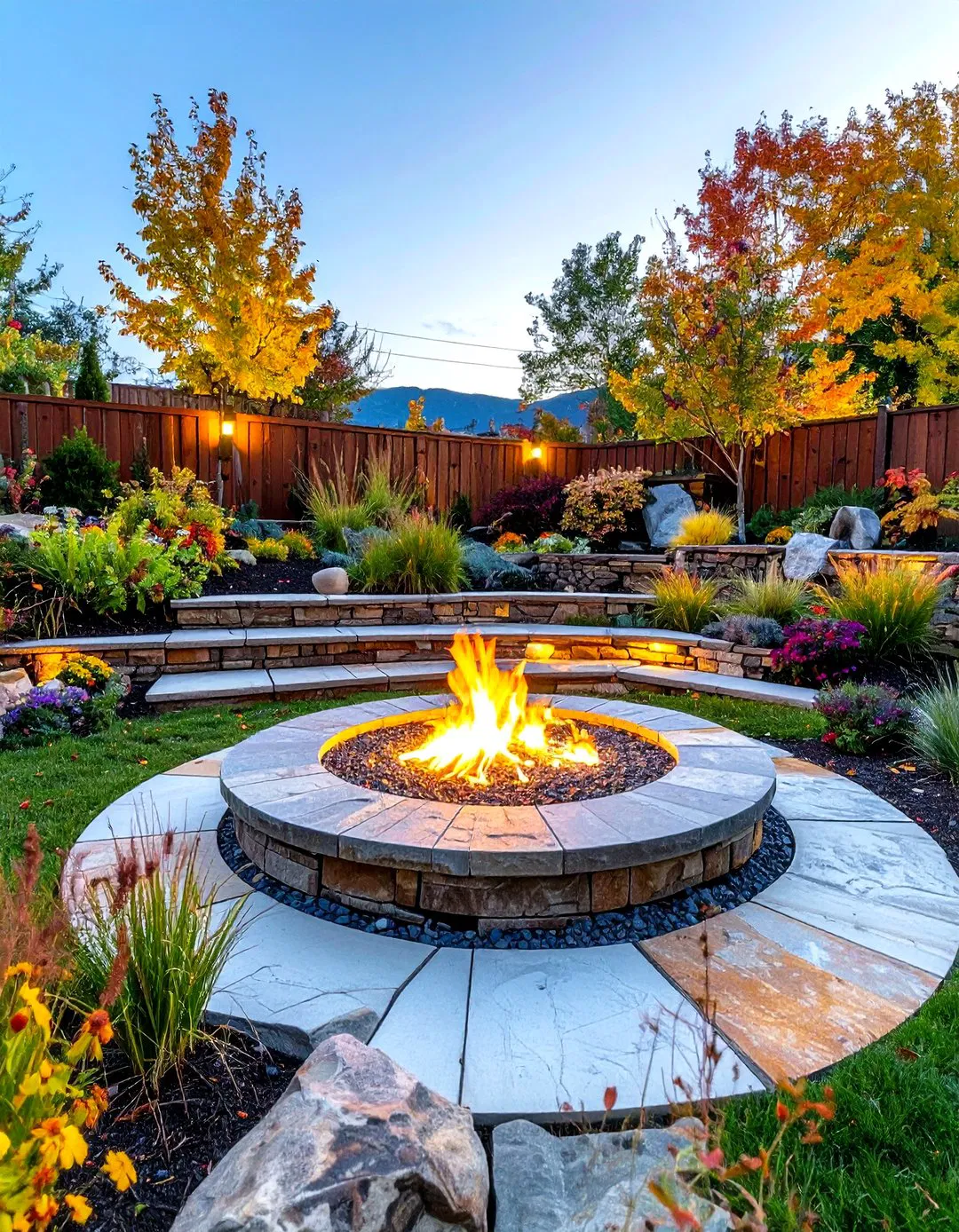 Stamped Concrete Fire Pit with Retaining Wall Integration