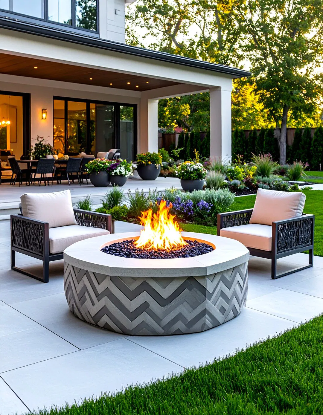 Contemporary Geometric Stamped Concrete Fire Pit Design