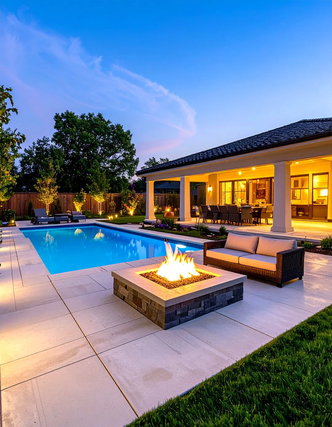 Stamped Concrete Pool Deck with Adjacent Fire Pit Area