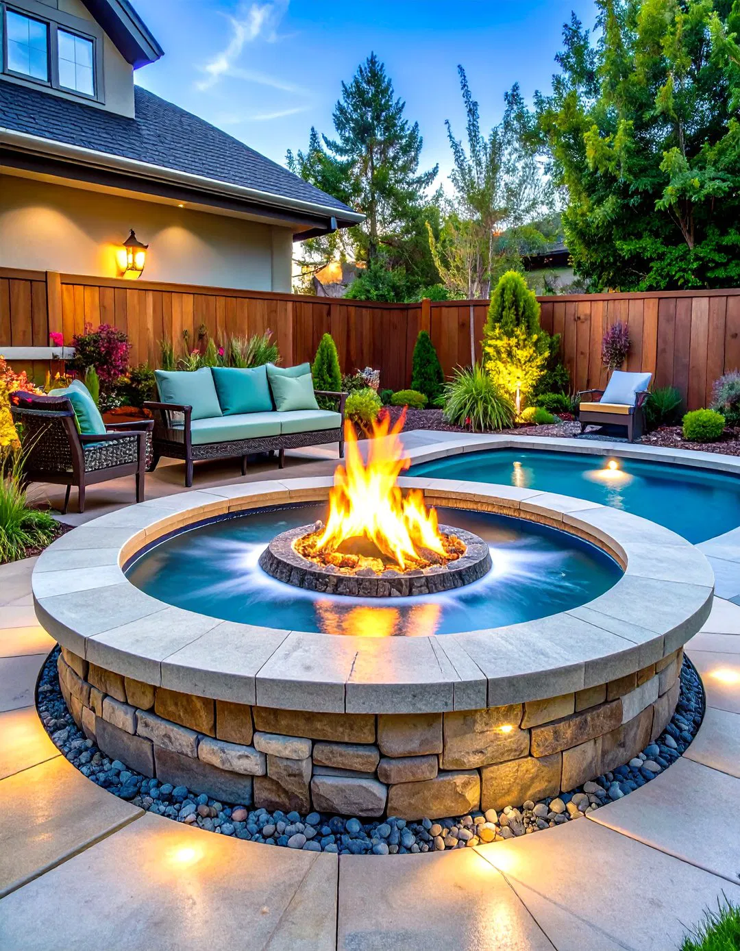 Stamped Concrete Fire Pit with Water Feature Integration