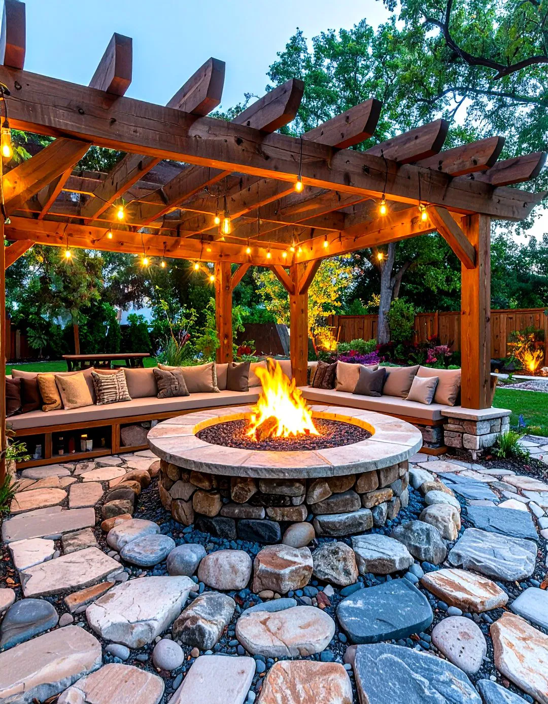 Rustic Cobblestone Fire Pit with Pergola Coverage