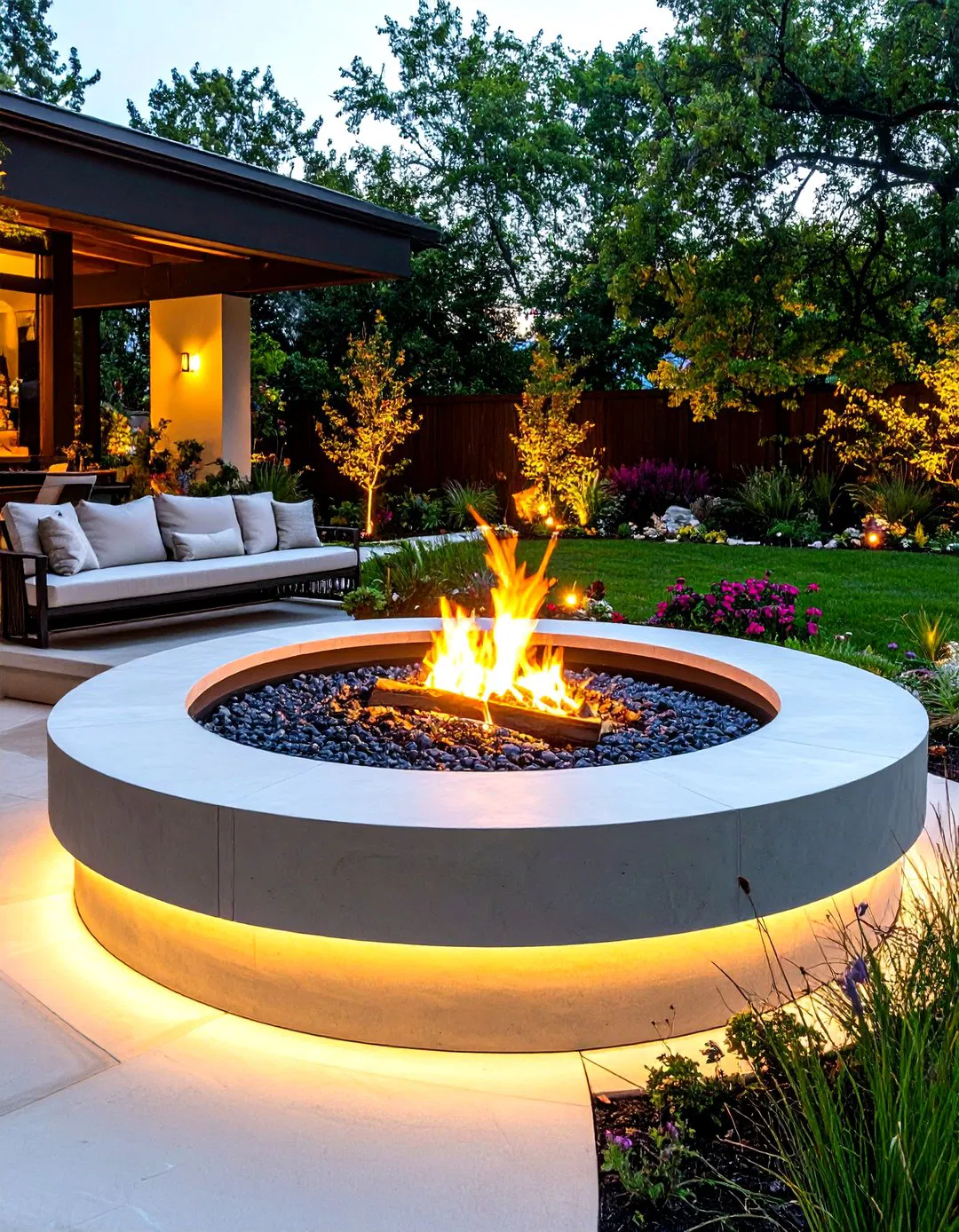Stamped Concrete Fire Pit with Curved Seating Walls