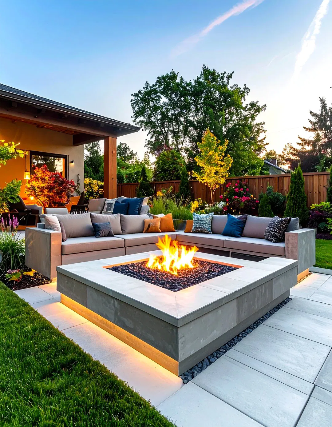 Stamped Concrete Fire Pit with Built-in Storage Solutions