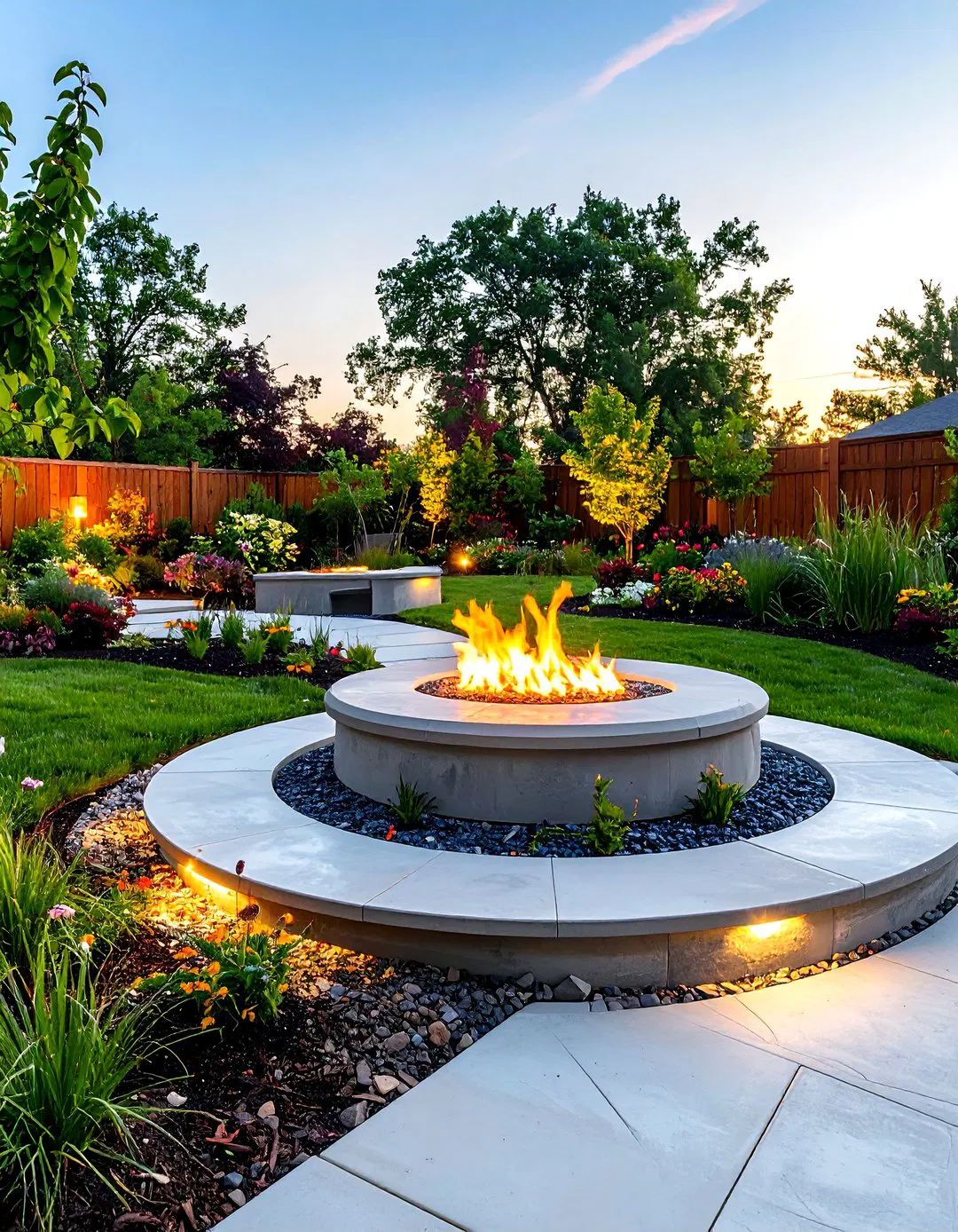 Stamped Concrete Fire Pit with Garden Integration