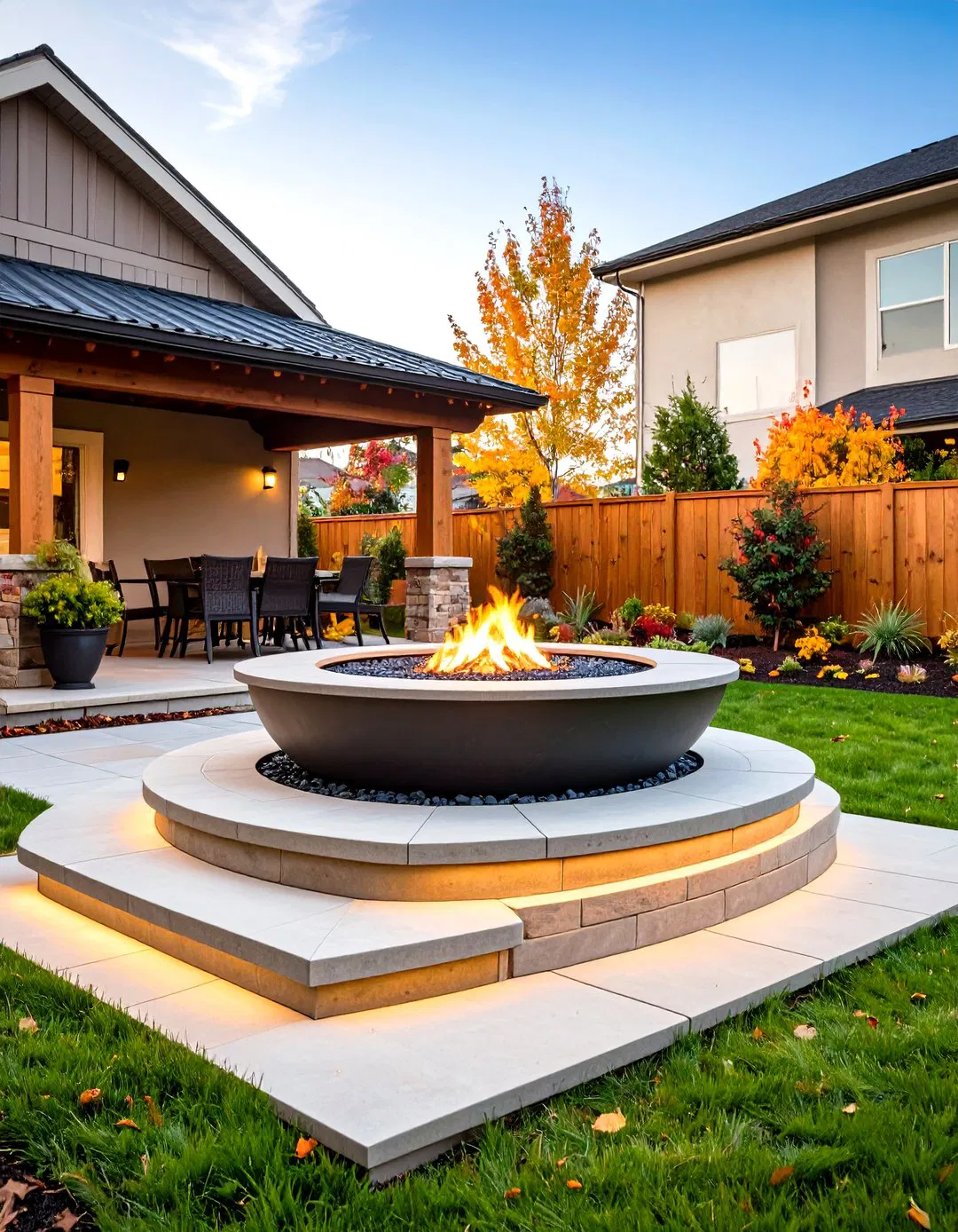 Elevated Stamped Concrete Fire Pit with Steps